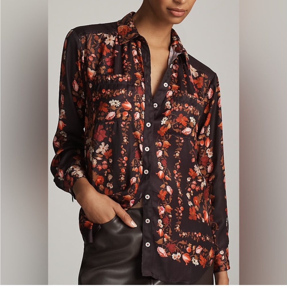 Anthropologie Black Floral Button-Down Shirt - Picture 2 of 7